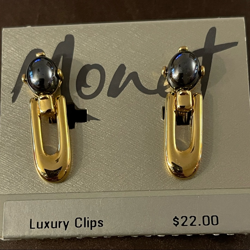 Vintage Monet Luxury Clip Earrings Blue and Goldtone, signed